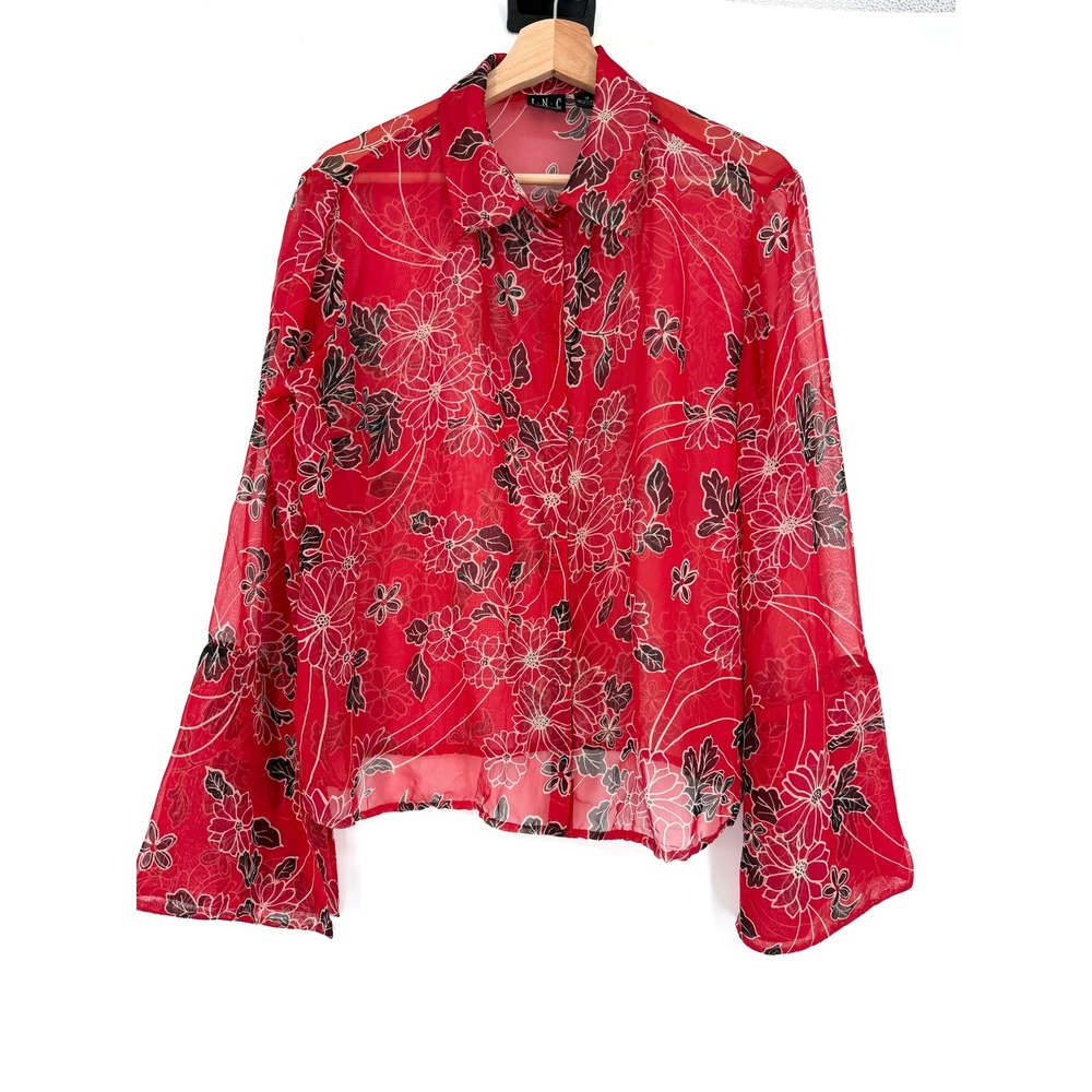 Vintage INC International Concepts Y2K Red Floral Sheer Blouse Sz 14